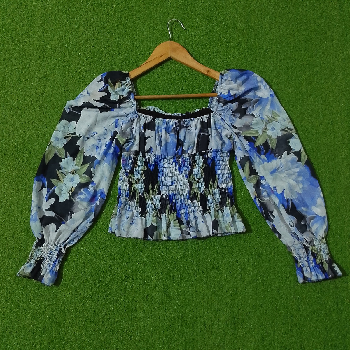 Navy Blue White Floral Smocked Tie Neck Puff Sleeve Crop Top - Back View