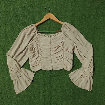Beige Ruched Front Smocked Back Flare Sleeve Crop Top - Front View