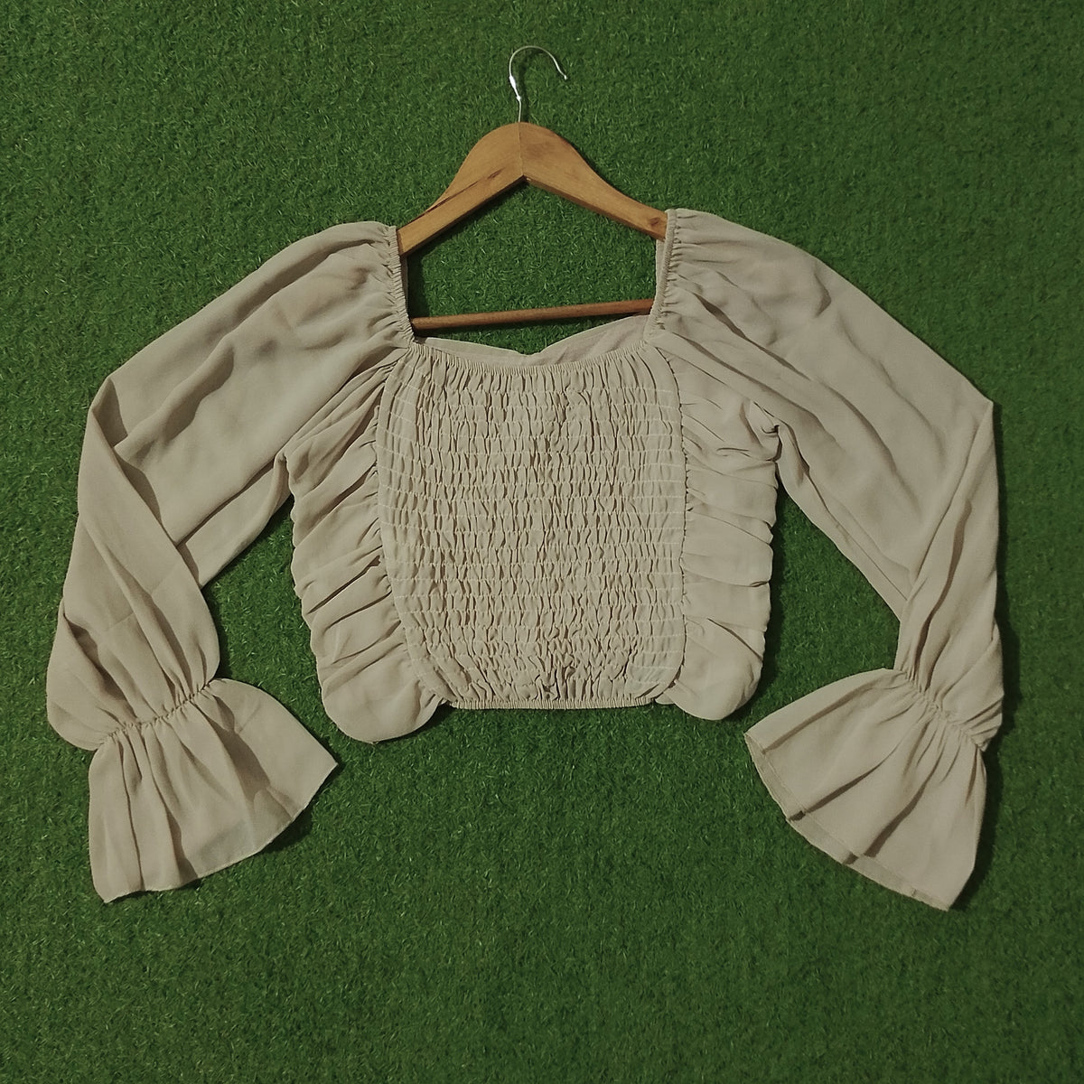 Beige Ruched Front Smocked Back Flare Sleeve Crop Top - Back View
