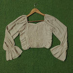 Beige Ruched Front Smocked Back Flare Sleeve Crop Top - Back View