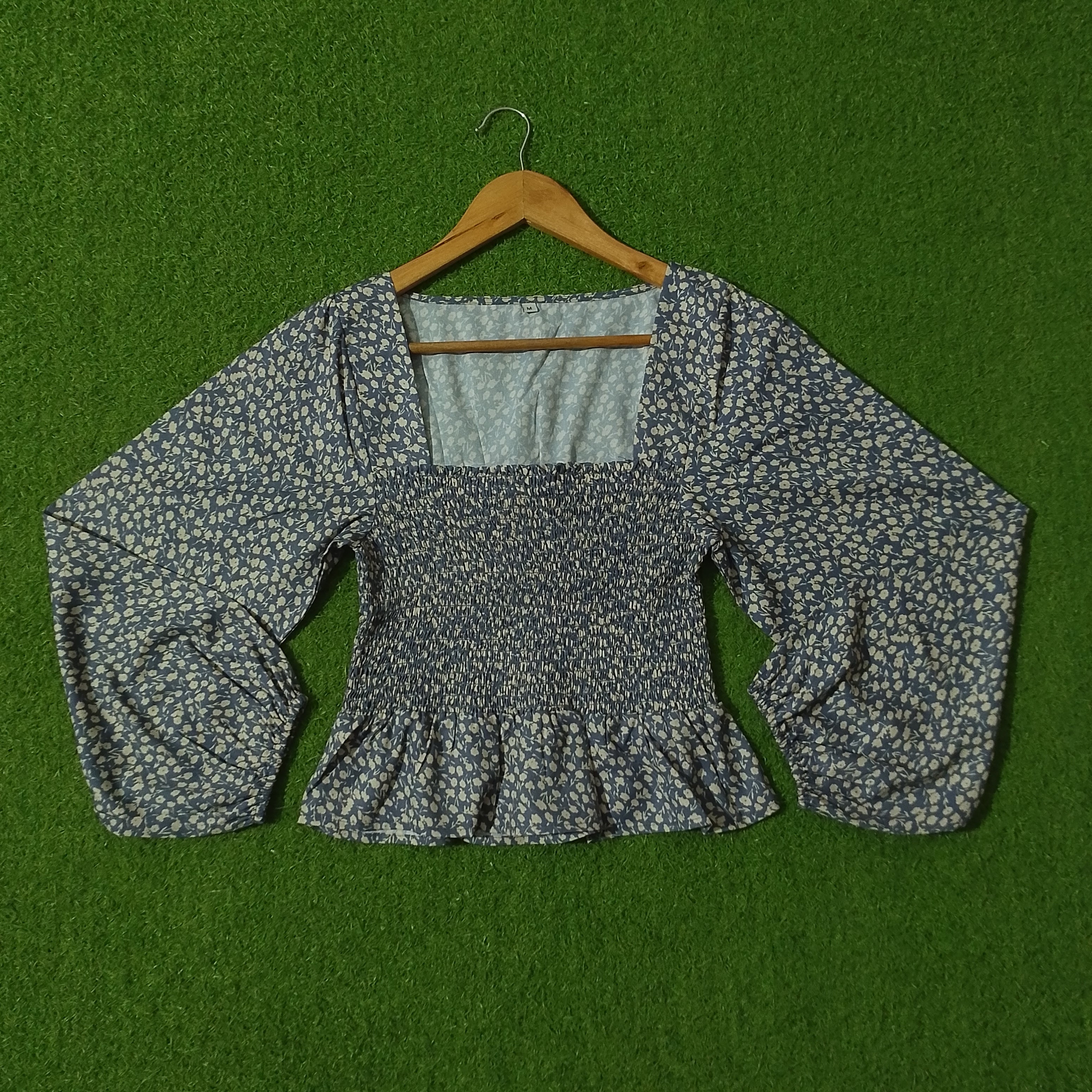 Blue Grey Ditsy Floral Smocked Peplum Balloon Sleeve Crop Top - Front View
