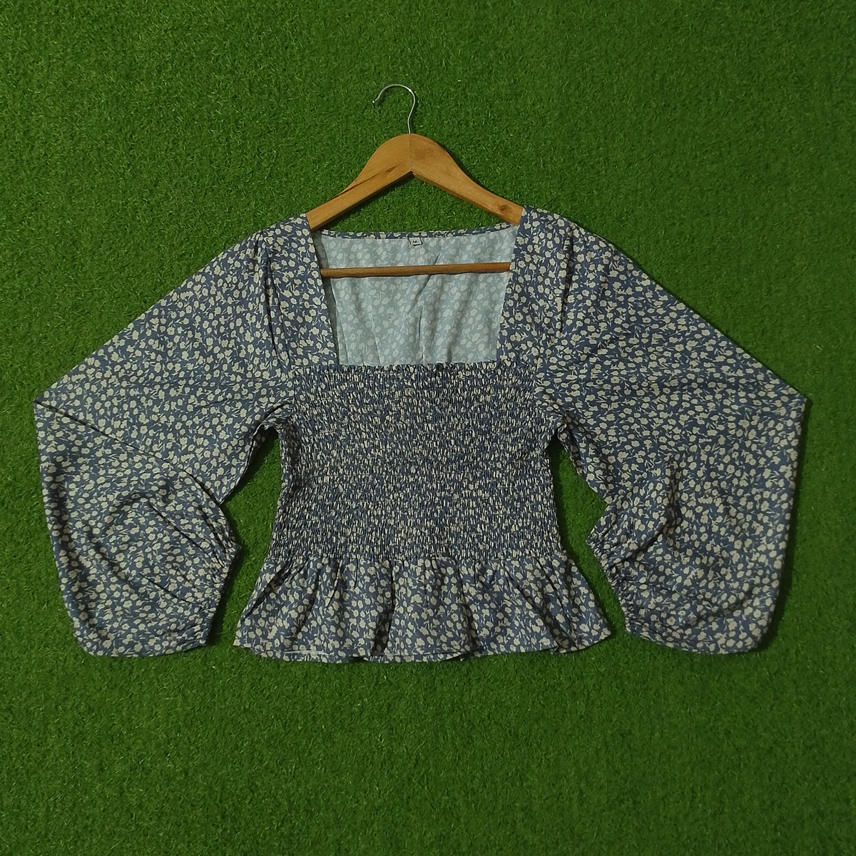 Blue Grey Ditsy Floral Smocked Peplum Balloon Sleeve Crop Top - Front View