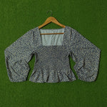Blue Grey Ditsy Floral Smocked Peplum Balloon Sleeve Crop Top - Front View