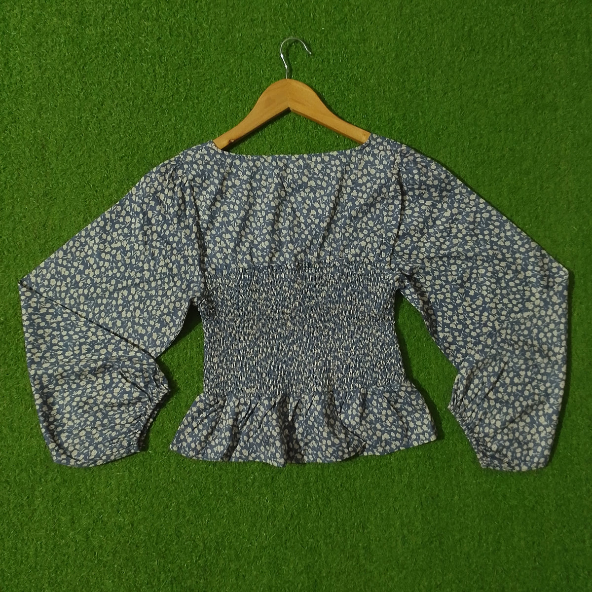 Blue Grey Ditsy Floral Smocked Peplum Balloon Sleeve Crop Top - Back View