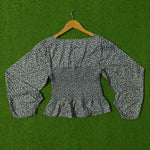 Blue Grey Ditsy Floral Smocked Peplum Balloon Sleeve Crop Top - Back View