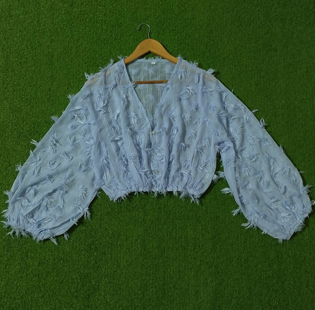 Ice Blue Fringe Textured Sheer Chiffon V-Neck Balloon Sleeve Crop Top