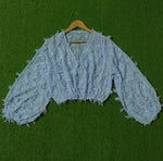 Ice Blue Fringe Textured Sheer Chiffon V-Neck Balloon Sleeve Crop Top