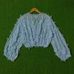 Ice Blue Fringe Textured Sheer Chiffon Crop Top - Back View