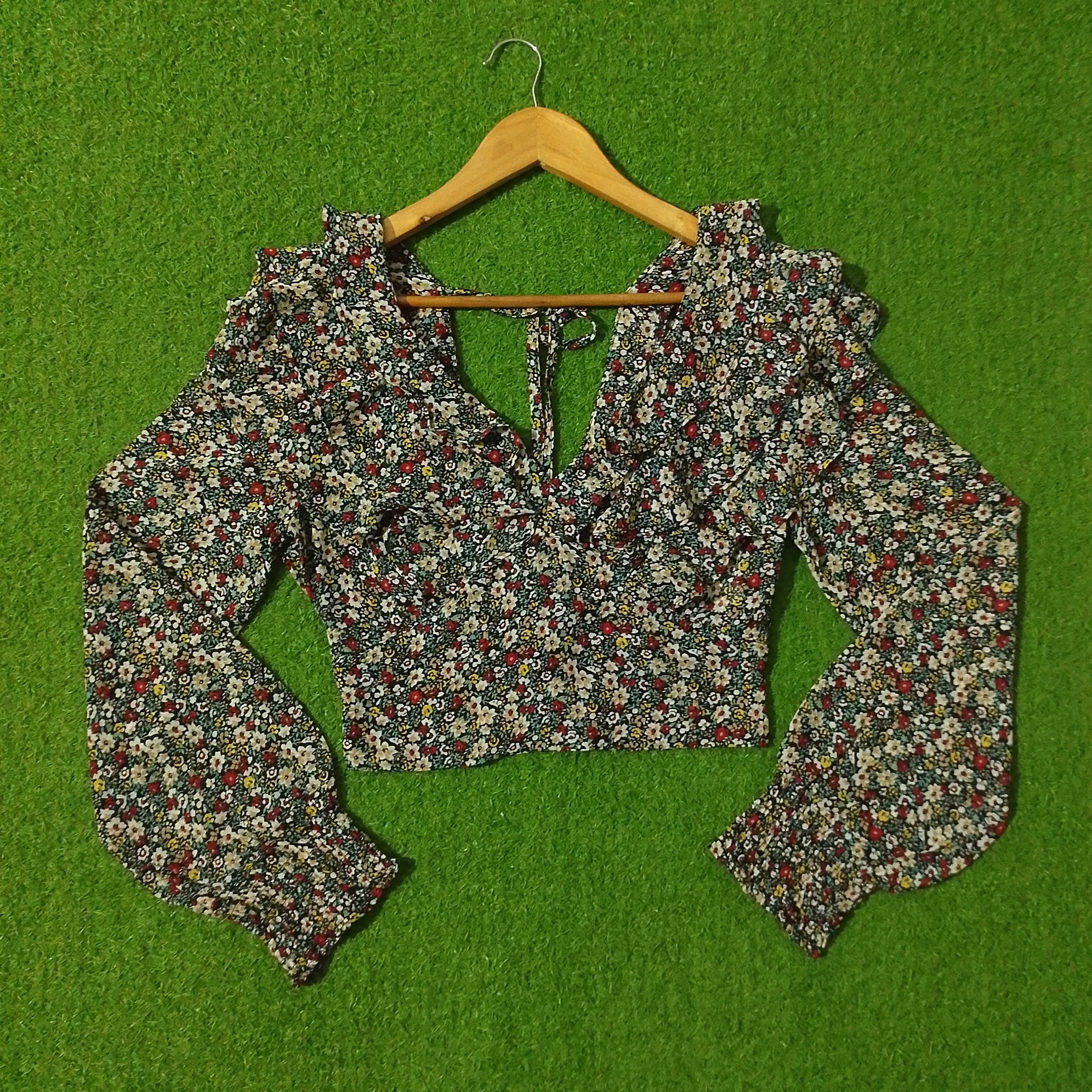 Multicolour Ditsy Floral Ruffle V-Neck Tie Front Crop Top - Front View