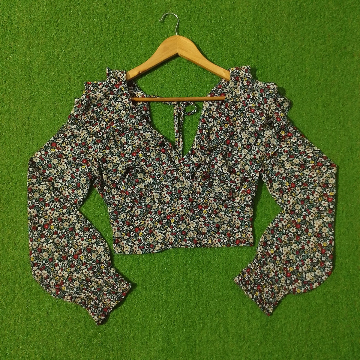 Multicolour Ditsy Floral Ruffle V-Neck Tie Front Crop Top - Front View