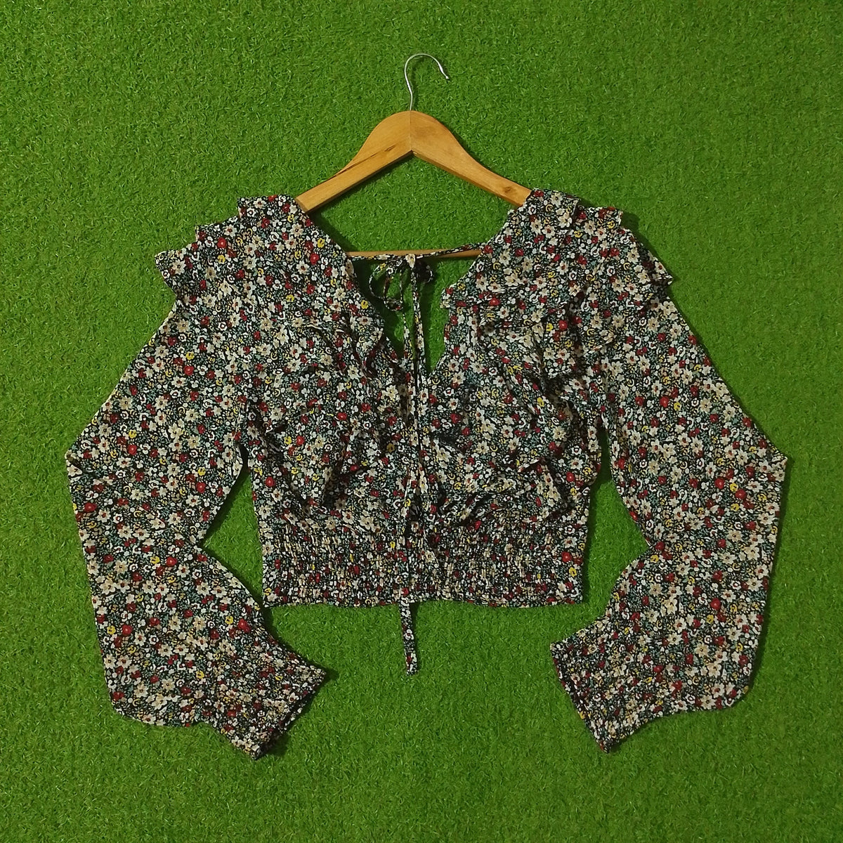 Multicolour Ditsy Floral Ruffle V-Neck Tie Front Crop Top - Back View
