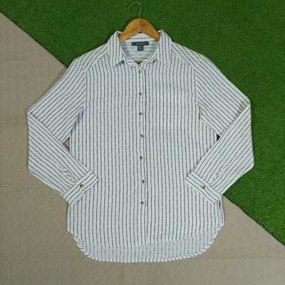 White and black striped button-down shirt front view