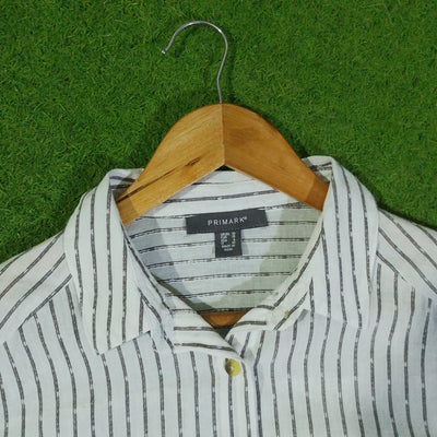 White and black striped button-down shirt collar and label - alternate view