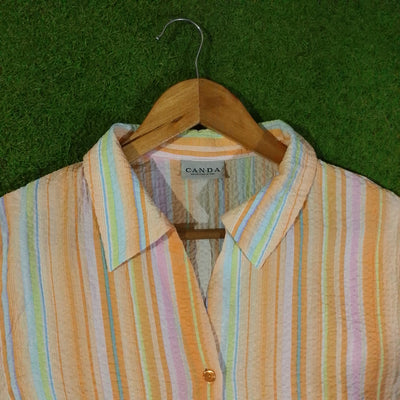 Pastel striped women's button-down shirt front view - alternate view