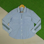 Blue and white striped button-down shirt front view