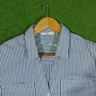 Blue and white striped shirt collar and label - alternate view