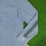 Blue and white striped shirt front detail