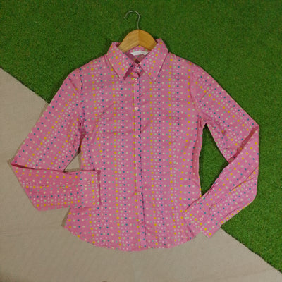 Pink heart print button-down shirt front view
