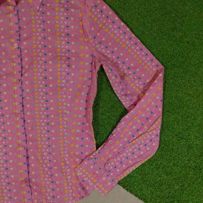 Pink heart print button-down shirt detail view - alternate view