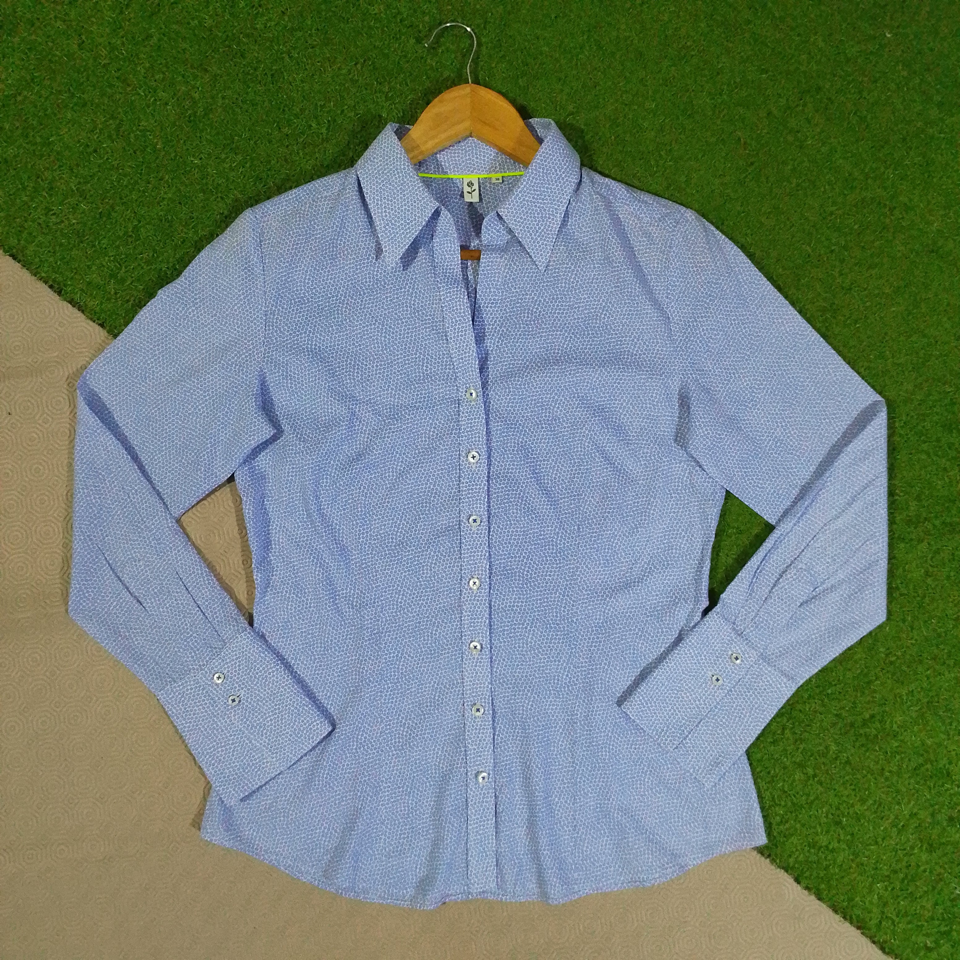 Light blue micro print button-down shirt front view