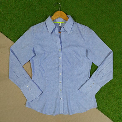 Light blue micro print button-down shirt front view