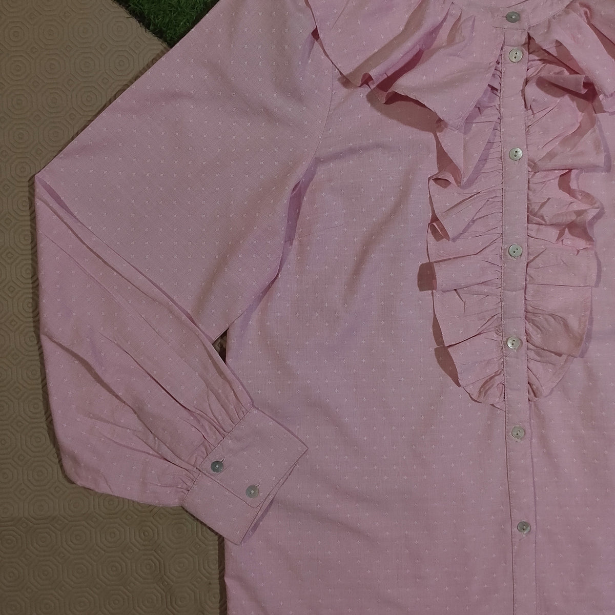 Pink Ruffle-Front Button-Front Shirt