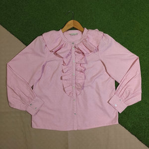 Pink Ruffle-Front Button-Front Shirt