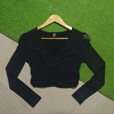 Black Shein ruched long sleeve crop top with sheer shoulder detail