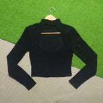 Black Davide high neck long sleeve crop top neckline detail