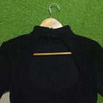 Black Davide high neck long sleeve crop top back neckline detail