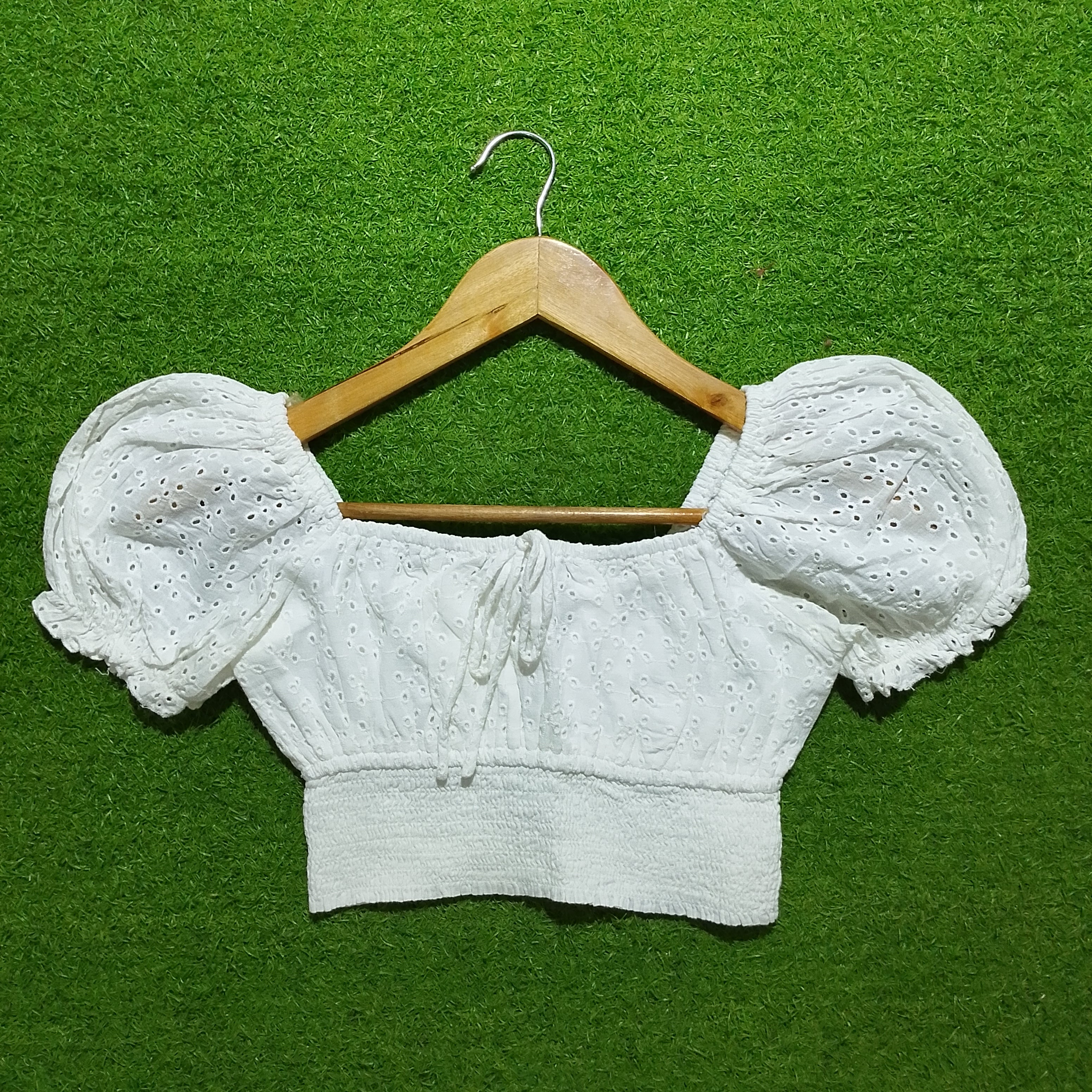 White L Sisters eyelet puff sleeve crop top front view