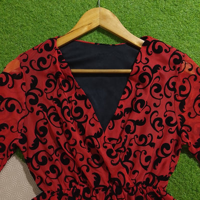 Red black printed peplum top neckline and lining detail - alternate view