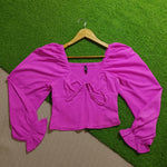 Fuchsia L Sisters square neck smocked crop top front view