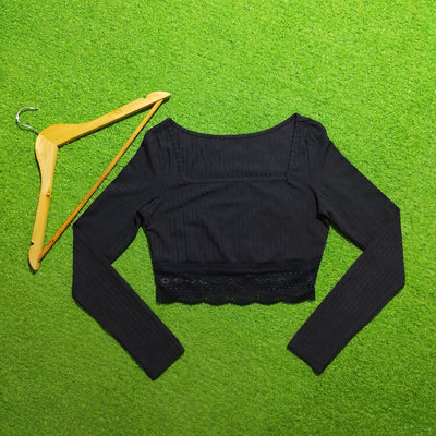 Black Shein square neck lace trim crop top front view
