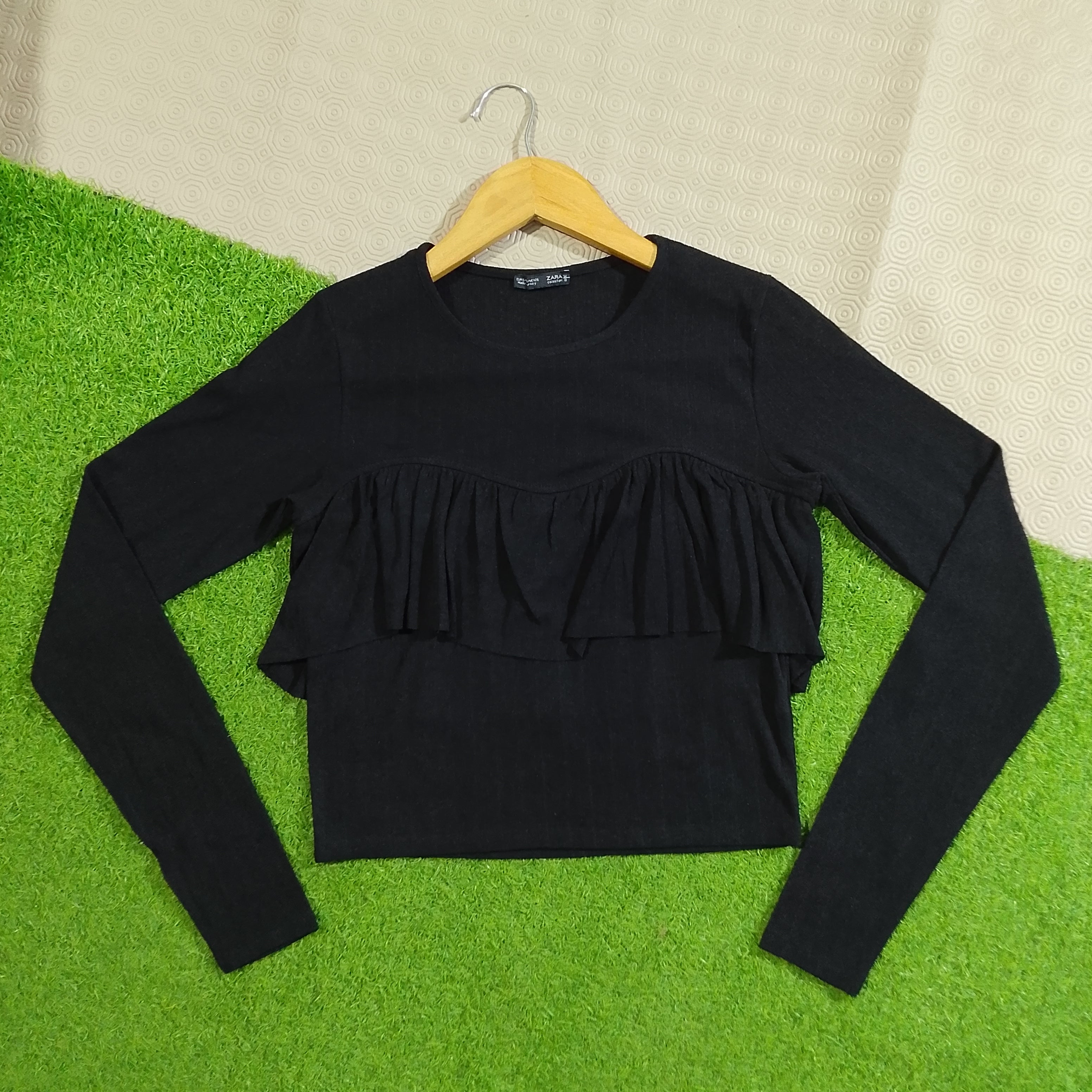 Black Zara peplum detail long sleeve crop top front view