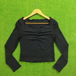 Black Shein ruched square neck long sleeve crop top front view