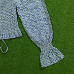 Blue floral Shein smocked puff sleeve crop top detail