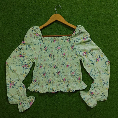 Sage green floral smocked crop top back view - alternate view