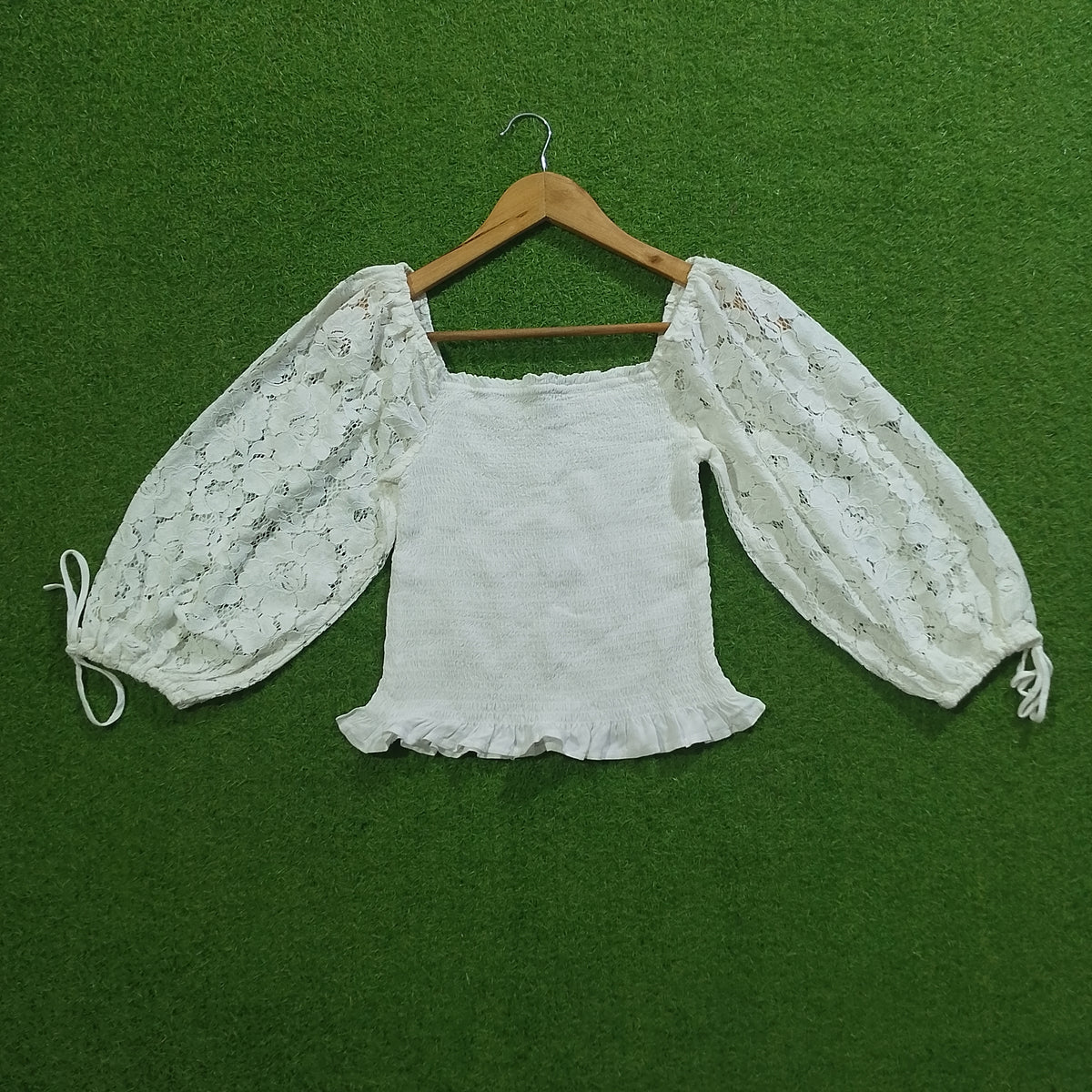 White Lace Sleeve Smocked Crop Top