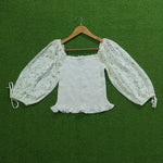 White Lace Sleeve Smocked Crop Top