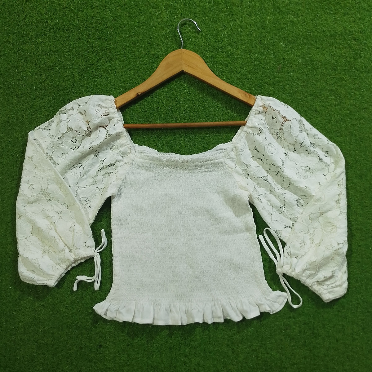 White Lace Sleeve Smocked Crop Top