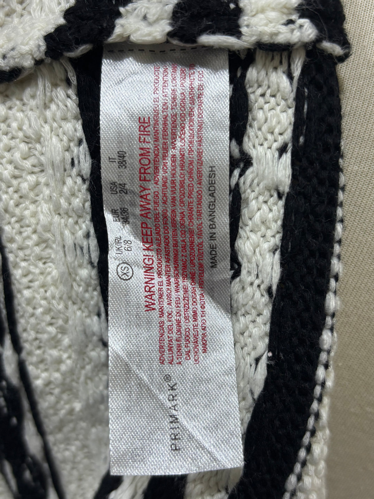Primark label showing XS size