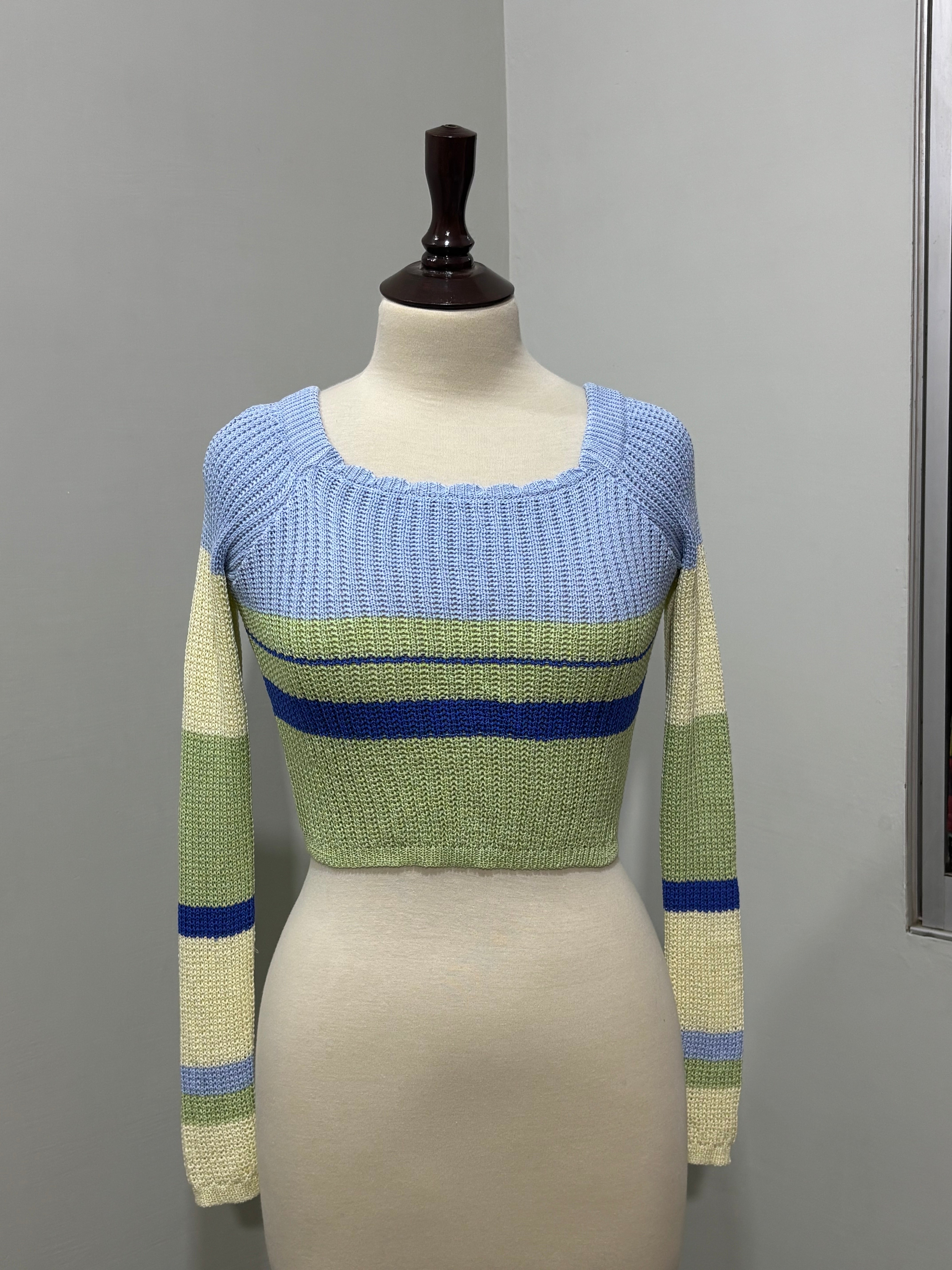 Light blue and green striped square-neck long-sleeve crop top
