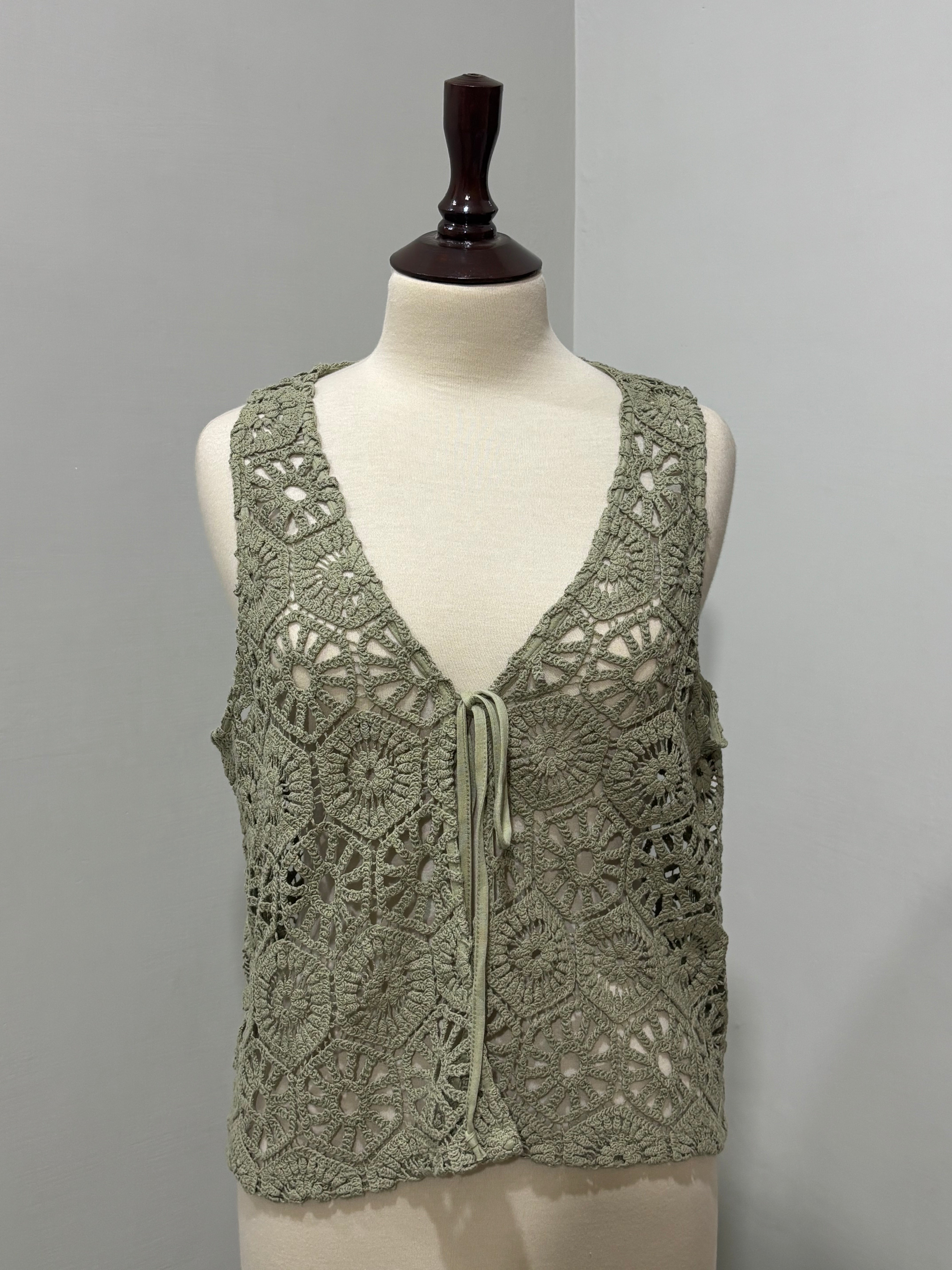 Khaki Floral Crochet Tie-Front Sleeveless Vest