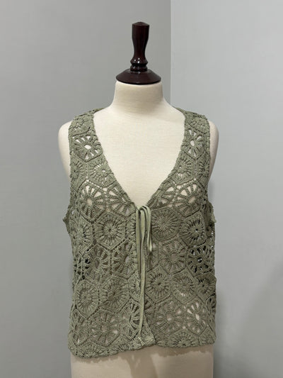 Khaki Floral Crochet Tie-Front Sleeveless Vest