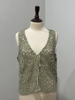 Khaki Floral Crochet Tie-Front Sleeveless Vest