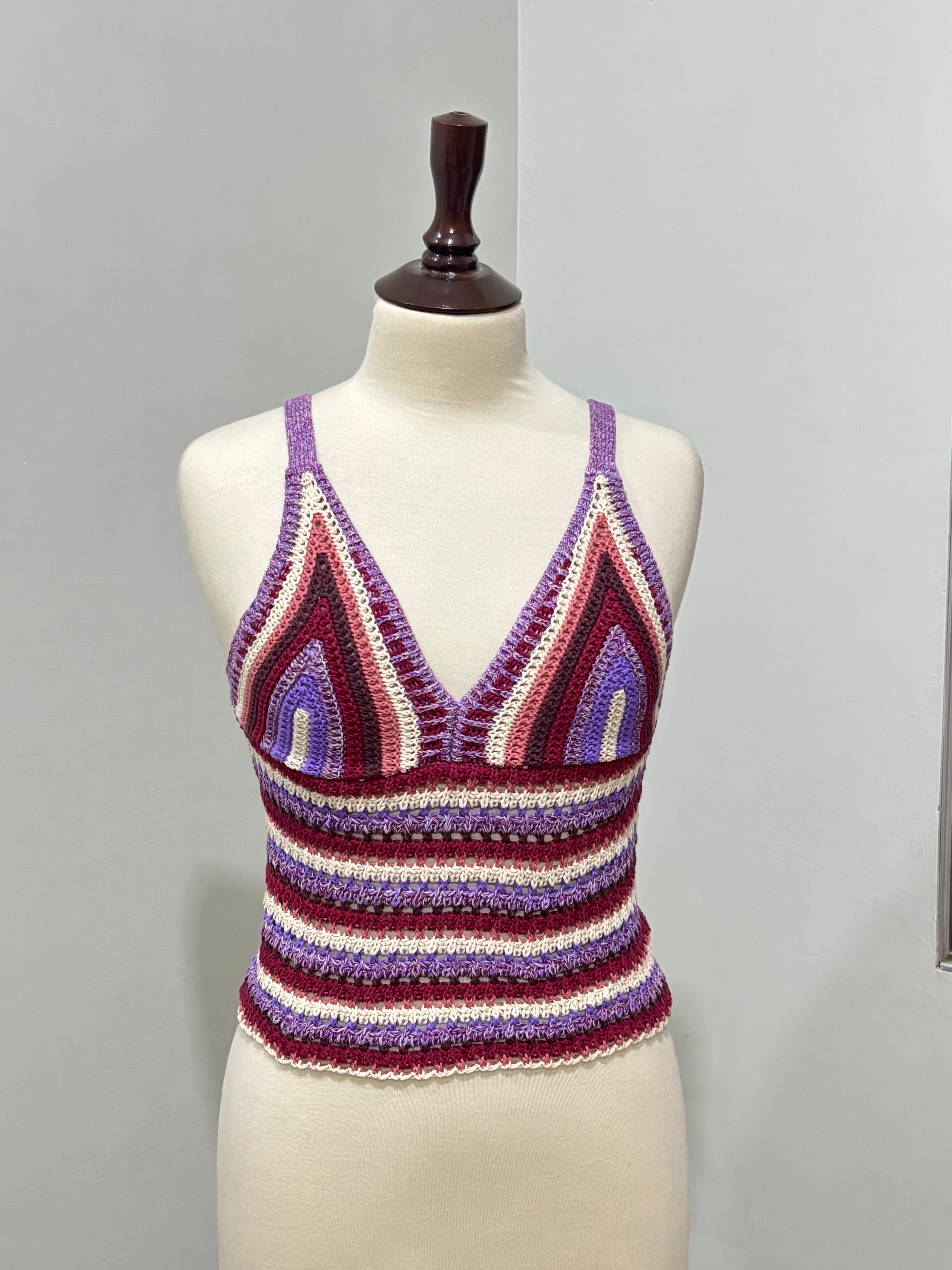 Purple and burgundy striped V-neck strappy crop top front