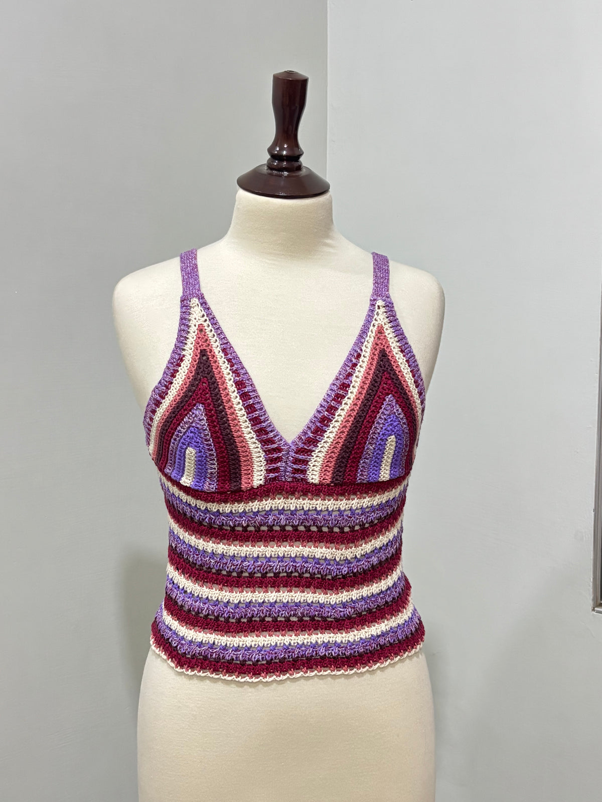 Purple and burgundy striped V-neck strappy crop top front