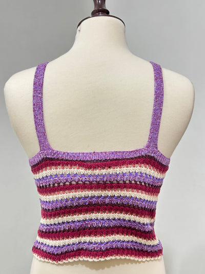 Back of purple burgundy and cream striped openwork crop top - alternate view
