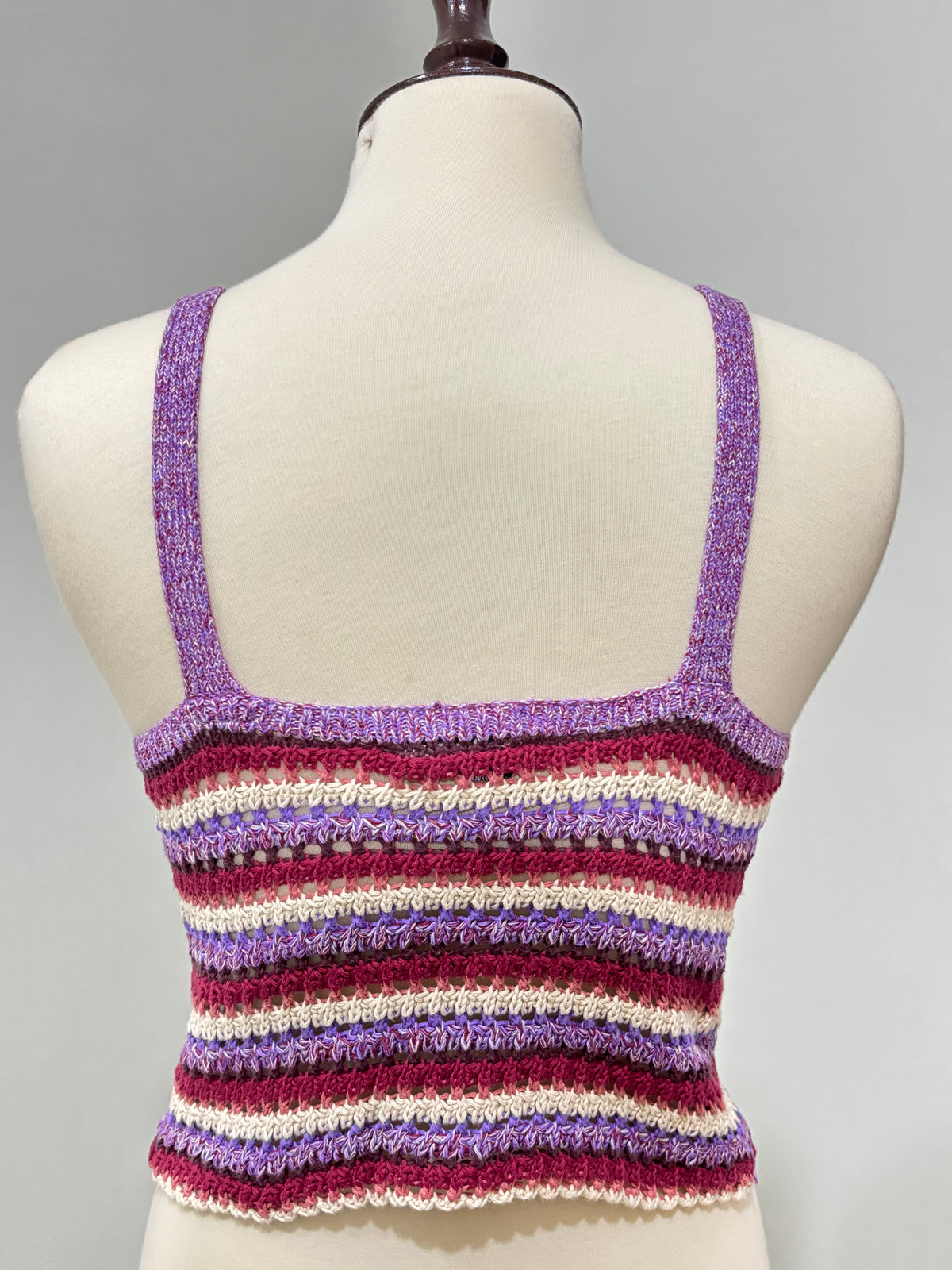 Back of purple burgundy and cream striped openwork crop top
